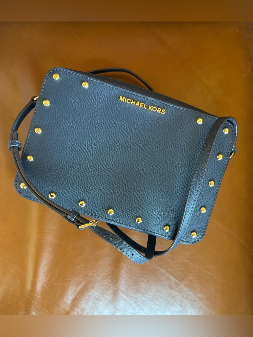 Michael Kors Navy Leather Crossbody with Gold Stud Accents